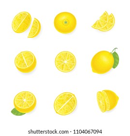 Vector set. Fresh lemon. Top view. Lemon sliced in various pieces. View from above.
