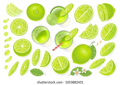 Vector set. Fresh lime and lime juice. Top view. Lime sliced in various pieces, juice in glasses, leaves, flowers, grains, drops. View from above.