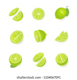 Vector set. Fresh lime. Top view. Lime sliced in various pieces. View from above.