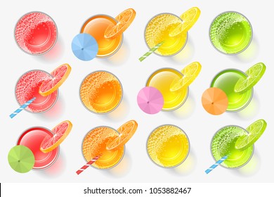 Vector set. Fresh orange, lemon, lime, grapefruit, citrus juice in glasses. Top view. Drink, cocktail, alcohol in the glass. View from above. 