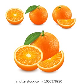 Vector set of fresh oranges. 3d realistic vector image.