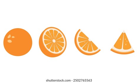 Vector set of fresh oranges icon. Orange fruits on white isolated background. Orange vector slices collection