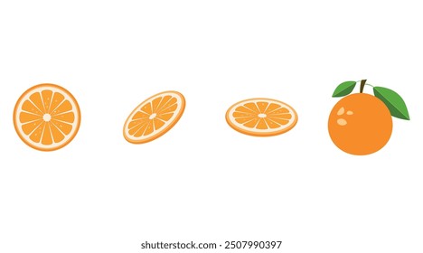 Vector set of fresh oranges icon. Orange fruits on white isolated background. Orange vector slices collection