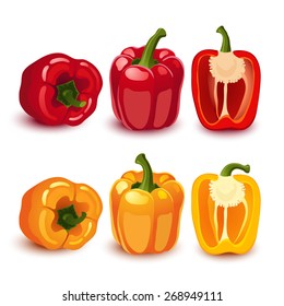 Vector set with fresh red and yellow peppers isolated on white.