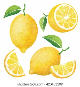 Vector set of fresh ripe lemons with leaves.Different styles of lemons on white background.