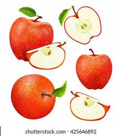 Vector set of fresh ripe red apple with leaves.Different styles of red apple on white background.