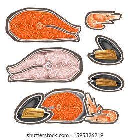 Vector Set of Fresh Seafood, collection of cut out illustrations of pieces assorted steamed fish, boiled shrimps and group of open mussels, Mediterranean set of fresh diet seafood on white background.