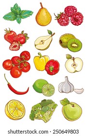 Vector set of fresh vegetables; fruits and berries. Apple; kiwi; strawberry; raspberry; pear; lemon; lime; mint; tomatoes; peppers; chili; garlic; broccoli. eps 10