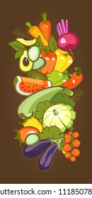 Vector set of fresh vegetables and herbs cartoon doodle diet food vertical illustration on brown background isolated