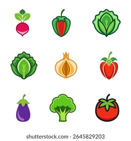 Conjunto vetorial de vegetais frescos, incluindo berinjela, cebola, alface, brócolis, rabanete, pimenta e tomate