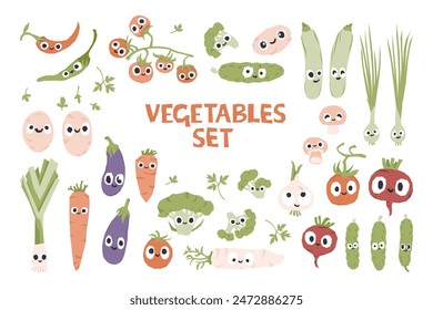 Vector conjunto de verduras frescas en estilo minimalista feo. Lindo estilo de vida saludable ilustración vegetariana colección.