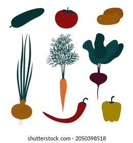 Vector set of fresh vegetables - onion, potato, beetroot, bell pepper, chili pepper, cucumber, tomato, carrot. Illustration in a flat cartoon style isolated on a white background