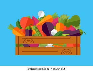 Vector set of fresh vegetables in a wooden box. 