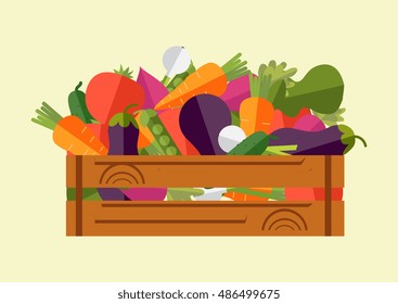 Vector set of fresh vegetables in a wooden box. 