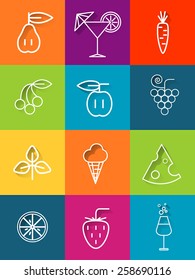 Vector set of fresh vegetarian healthy food, pictogram with contour graphics of fruits on a colorful contrast background