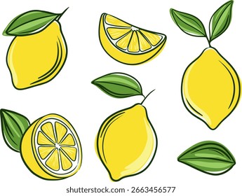 Vector conjunto de limones frescos enteros y en rodajas con hojas verdes. Frutas cítricas brillantes, dibujadas a mano aisladas sobre fondo blanco. Perfecto para embalajes, textiles y diseños de verano.