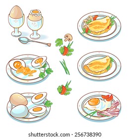  Vector set of  of fried and boiled chicken eggs, omelet and vegetables.  Can be used for cards, fabrics, illustrations, wallpapers, template for design and decoration, etc