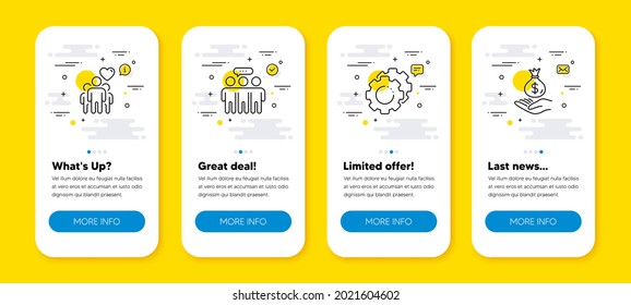 Conjunto de vectores de Amistad, grupo Empleados y conjunto de iconos de línea de engranajes de configuración. pantallas de aplicación de teléfono de interfaz de usuario con iconos de línea. Icono de dinero de ingresos. Confiar en amigos, Colaboración, Proceso de Tecnología. Ahorro. Vector