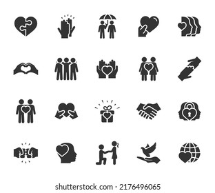 Vector set of friendship and love flat icons. Contains icons friend, relationship, buddy, understanding, trust, help, dove of peace, care and more. Pixel perfect.