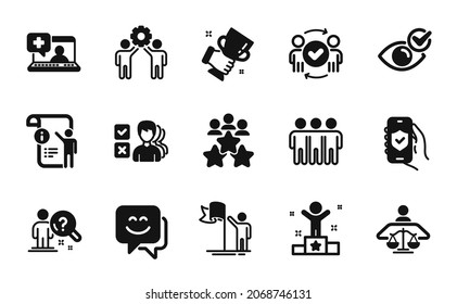 Vector set of Friendship, Smile face and Search employee icons simple set. Leadership, Medical help and Business meeting icons. Manual doc, Security app and Employees teamwork signs. Vector