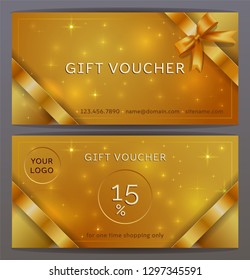 Vector set of front and back sides of luxury gift voucher with Bronze, copper ribbons, bows. Isolated Elegant sparkling, shining template for holiday gift card, coupon and certificate. Place for logo