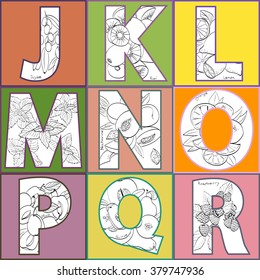 Vector set "fruit alphabet". Letters J, K, L, M, N, O, P, Q, R- jujube, kiwi, lemon, mint, nectarine, orange,plum, quince, raspberry.Good for textile printing, food industry and for educational goals.
