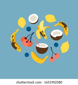Vector set with fruit, banana, coconut, cherry on the blue background. Cartoon style. Vector clip art. For flat design, poster, web banners, package, children books. Vegan shop, ogranic food. Isolated