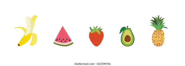 Vector set of fruit: banana, watermelon, strawberry, avocado, pineapple. Illustration is in cartoon, flat art style. Fruits are isolated on white background. Objects can be used for your design,print.