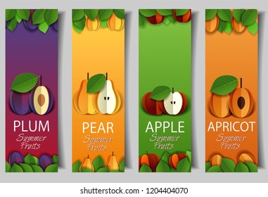Vector set of fruit banners with paper cut ripe fresh red apple, yellow pear, apricot and plum summer fruits.