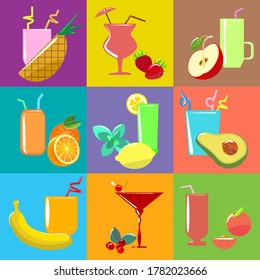 Vector set of fruit bar. Menu, poster, sticker, cover for a booklet on fruit cocktails, juices, smoothies.