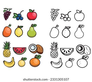 Vector set of fruit and berry hand drawn icons. Colorful and monochrome fruit illustration for agricultural product design, vegetarian shop market label.