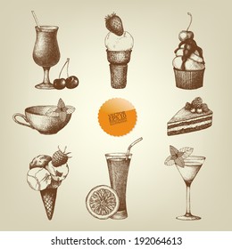 Vector set of fruit cake, cocktails and ice cream. Hand drawn dessert illustrations 