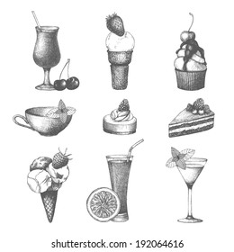 Vector set of fruit cake, cocktails and ice cream. Hand drawn dessert illustrations isolated on white.