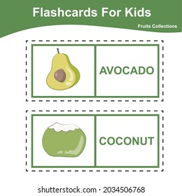 Vector set of fruit collections flashcard. Educational printable flashcards. Vector poster for Preschool Education. 