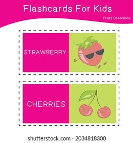 Vector set of fruit collections flashcard. Educational printable flashcards. Vector poster for Preschool Education. 