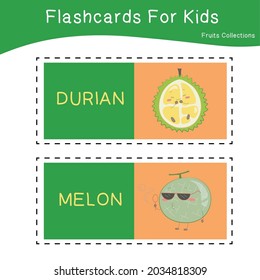 Vector set of fruit collections flashcard. Educational printable flashcards. Vector poster for Preschool Education. 