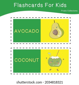 Vector set of fruit collections flashcard. Educational printable flashcards. Vector poster for Preschool Education. 