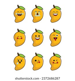 Vector set of fruit emoticons. Cute mango emoji with face. mango Cute emoji illustration. mango, flat cartoon style.