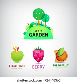 Vector set of fruit, garden logos. Healthy food, green hill with trees illustration