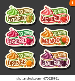 Vector set of fruit Ice Cream labels: 6 logos of different flavor italian icecream dessert, six art icons with title - ice cream, on black background, soft mixed gelato ice cream served of swirl cone.