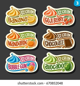 Vector set of fruit Ice Cream labels: 6 logos of different flavor italian icecream dessert, six art icons with title - ice cream, on black background, soft mixed gelato served of swirl cone.