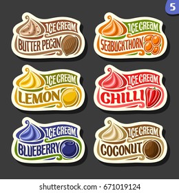 Vector set of fruit Ice Cream labels: 6 logos of different flavor italian icecream dessert, six art icons with title - ice cream, on black background, soft mixed gelato served of swirl cone.