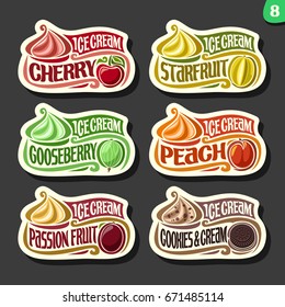 Vector set of fruit Ice Cream labels: 6 logos of different flavor italian icecream dessert, six art icons with title - ice cream, on black background, soft mixed gelato served of swirl cone.