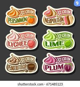 Vector set of fruit Ice Cream labels: 6 logos of different flavor italian icecream dessert, six art icons with title - ice cream, on black background, soft mixed gelato served of swirl cone.