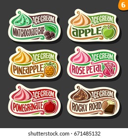 Conjunto vectorial de etiquetas de crema de hielo: 6 logos de diferentes sabores de helado italiano postre, seis íconos de arte con título - helado, sobre fondo negro, gelato mezclado suave servido de cono de remolino.