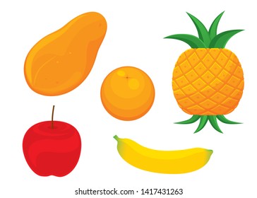 Vector set of fruit icon papaya, apple, orange, pineapple, banana isolated on white background.