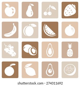 Vector Set of Fruit Icons. Apple, Pear, Cherry, Strawberry, Banana, Peach, Watermelon, Pomegranate, Grapes, Coconut, Papaya, Pineapple, Orange, Lemon, Avocado, Kiwi.