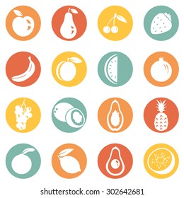 Vector Set of Fruit Icons. Apple, Pear, Cherry, Strawberry, Banana, Peach, Watermelon, Pomegranate, Grapes, Coconut, Papaya, Pineapple, Orange, Lemon, Avocado, Kiwi.