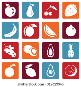 Vector Set of Fruit Icons. Apple, Pear, Cherry, Strawberry, Banana, Peach, Watermelon, Pomegranate, Grapes, Coconut, Papaya, Pineapple, Orange, Lemon, Avocado, Kiwi.