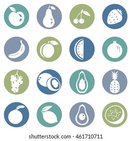 Vector Set of Fruit Icons. Apple, Pear, Cherry, Strawberry, Banana, Peach, Watermelon, Pomegranate, Grapes, Coconut, Papaya, Pineapple, Orange, Lemon, Avocado, Kiwi.